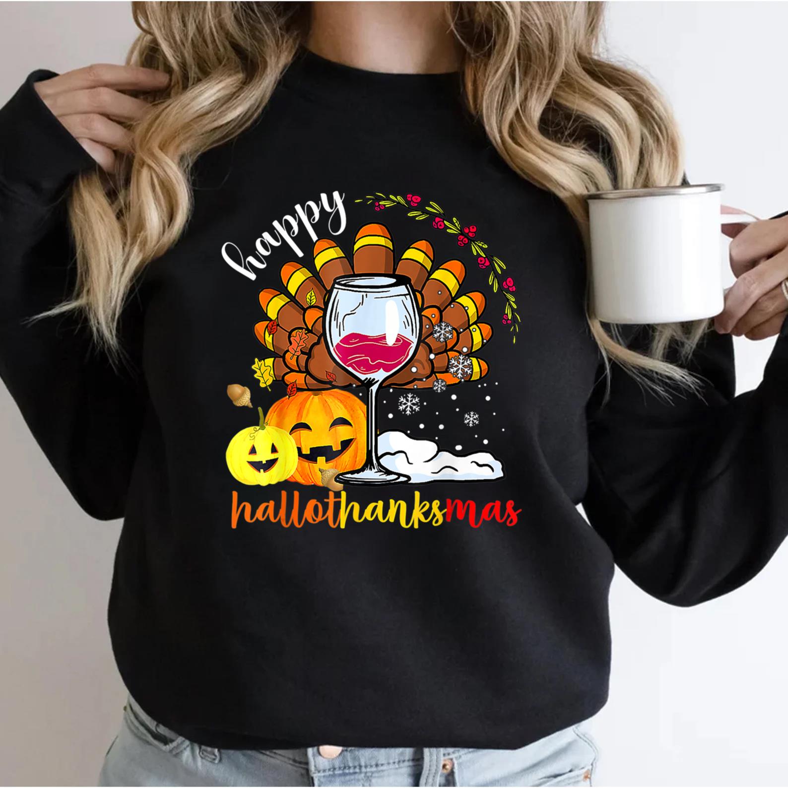 Happy Hallothankmas Wine Glasses Halloween Costume Turkey Sweatshirt