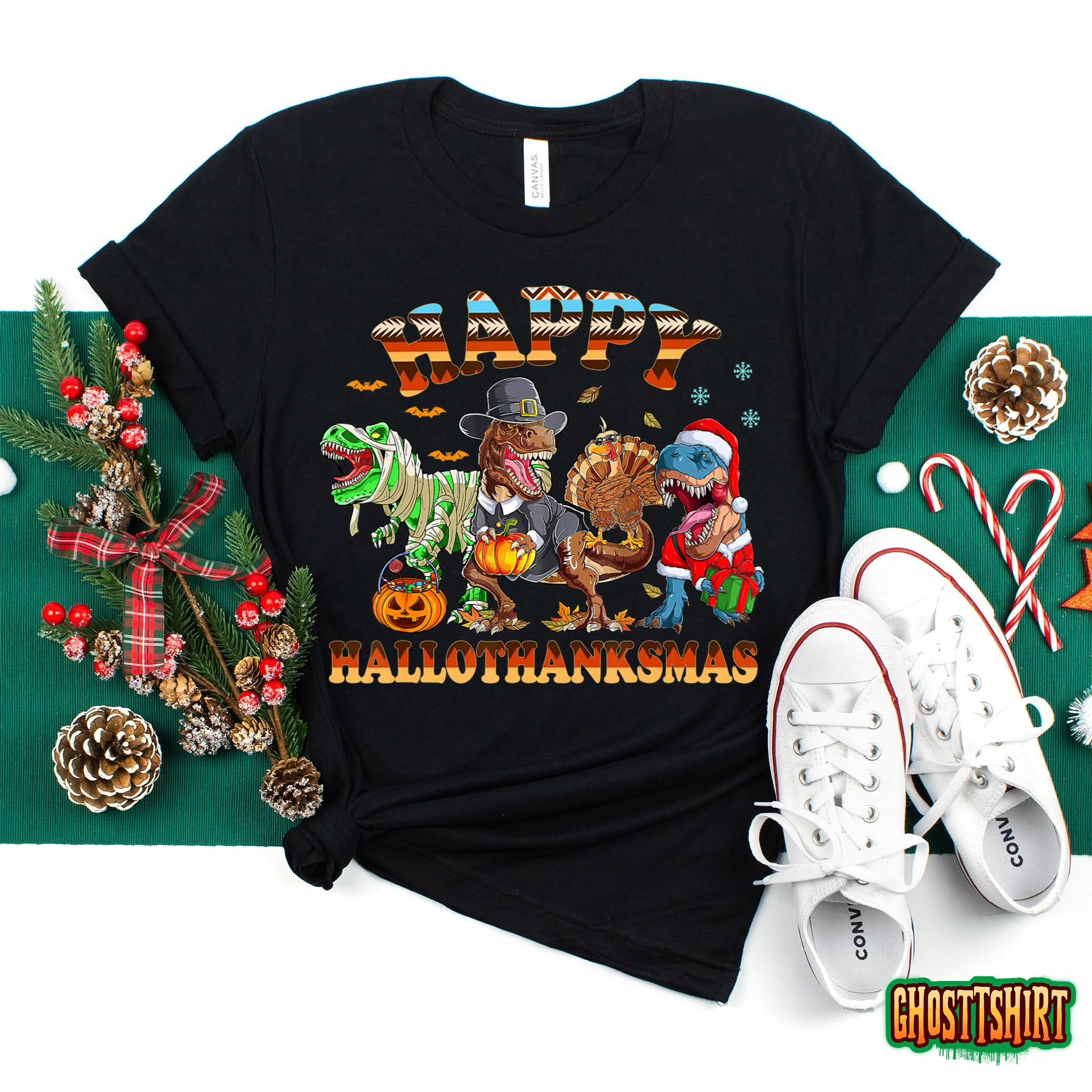 Happy Hallothanksmas Dinosaur T-rex Halloween Thanksgiving Sweatshirt