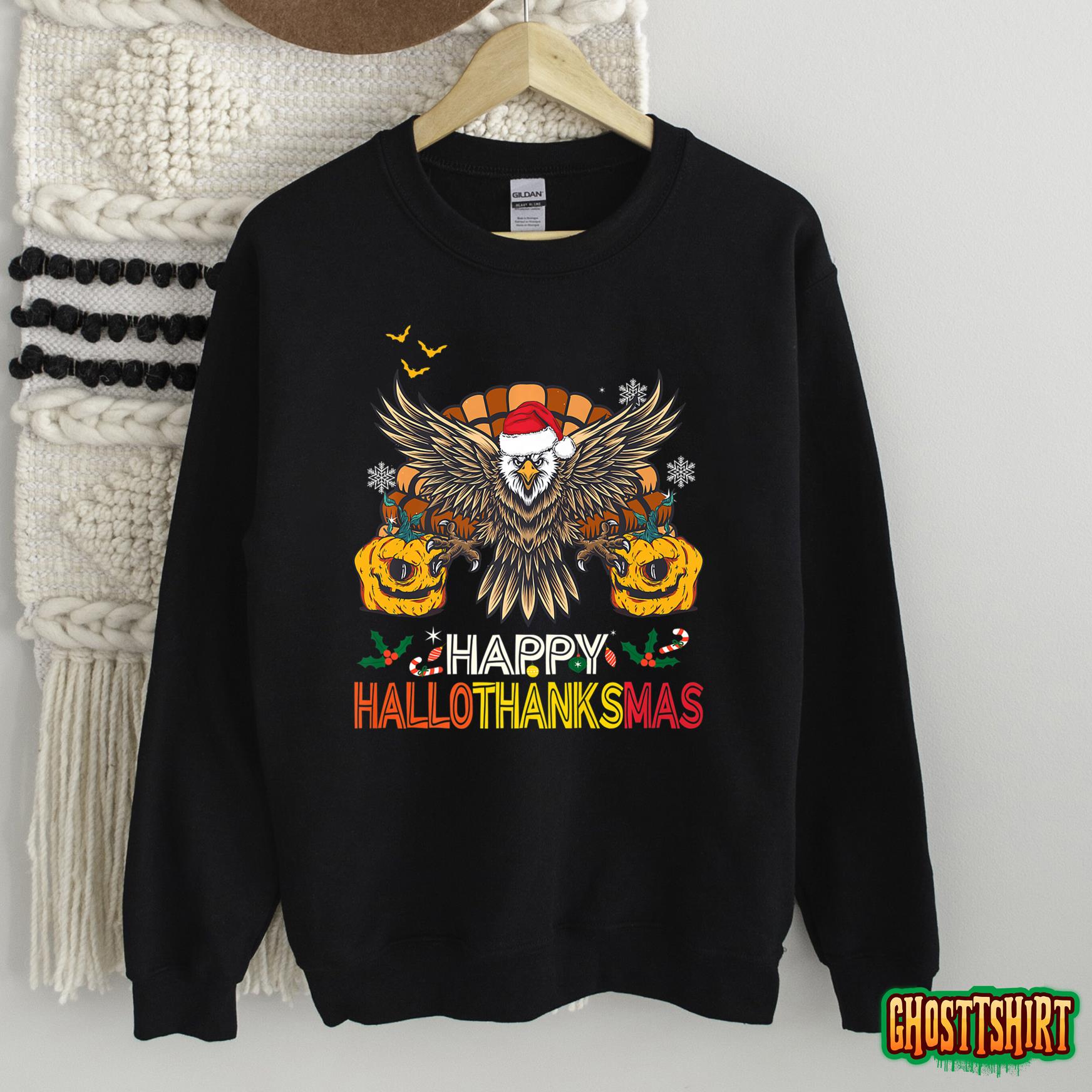 Happy HalloThanksMas Eagle Halloween Thanksgiving Christmas Sweatshirt