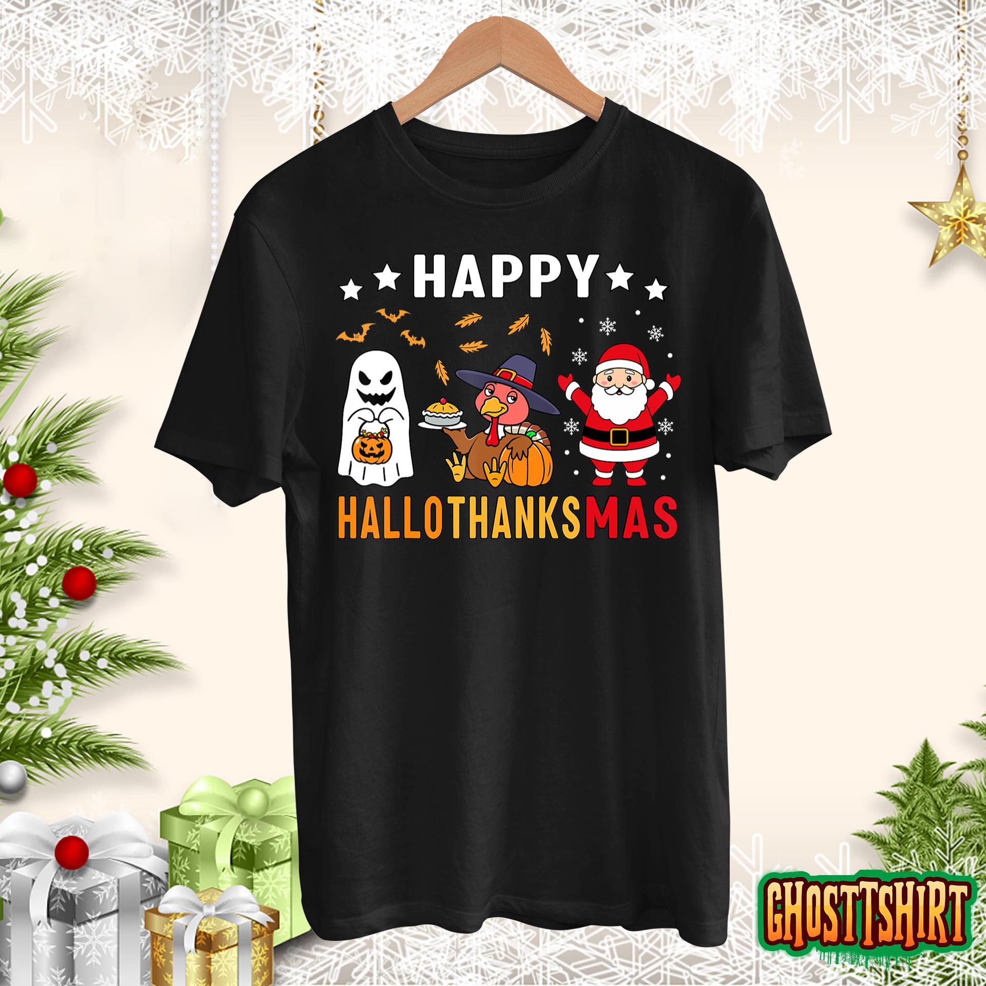 Happy Hallothanksmas Ghost Turkey Pumpkin Christmas Santa T-Shirt