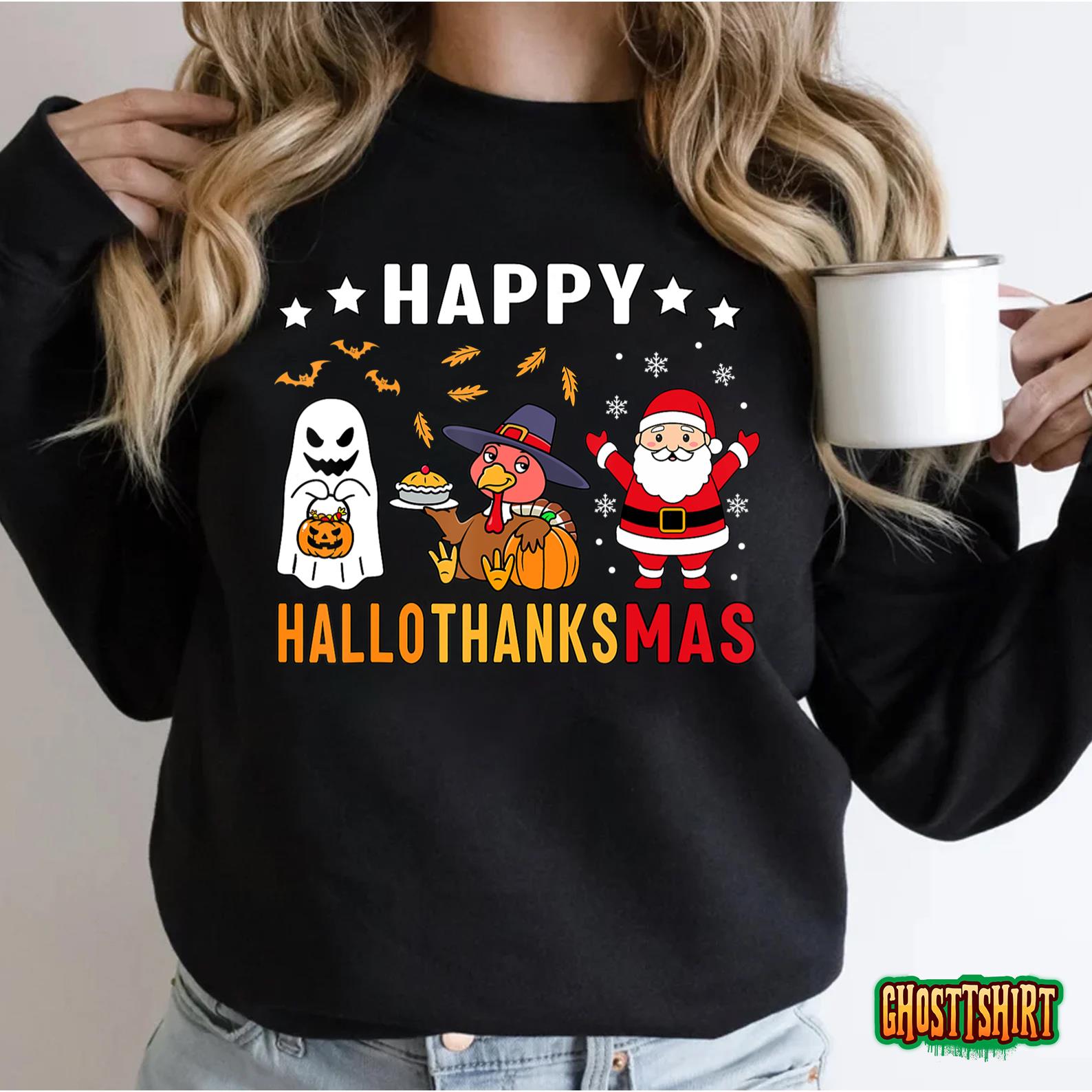 Happy Hallothanksmas Ghost Turkey Pumpkin Christmas Santa T-Shirt