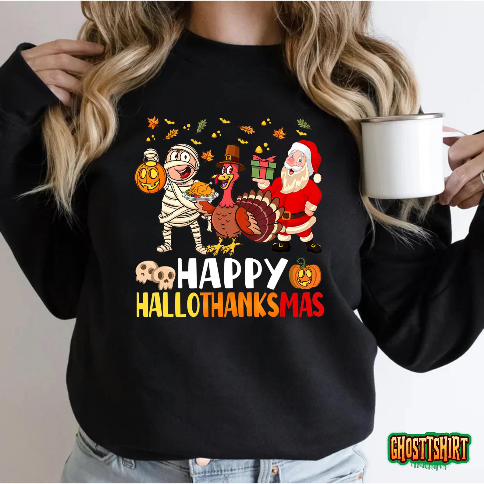 Happy Hallothanksmas Halloween Thanksgiving Christmas Day T-Shirt