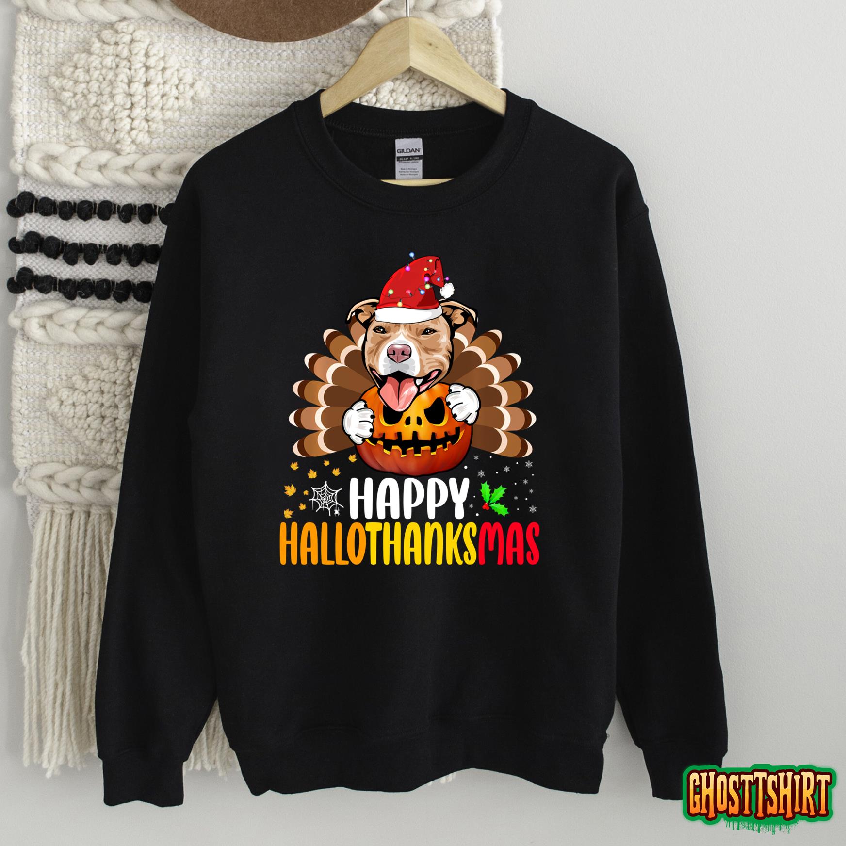 Happy Hallothanksmas Pitbull Dog Halloween Thanksgiving Sweatshirt