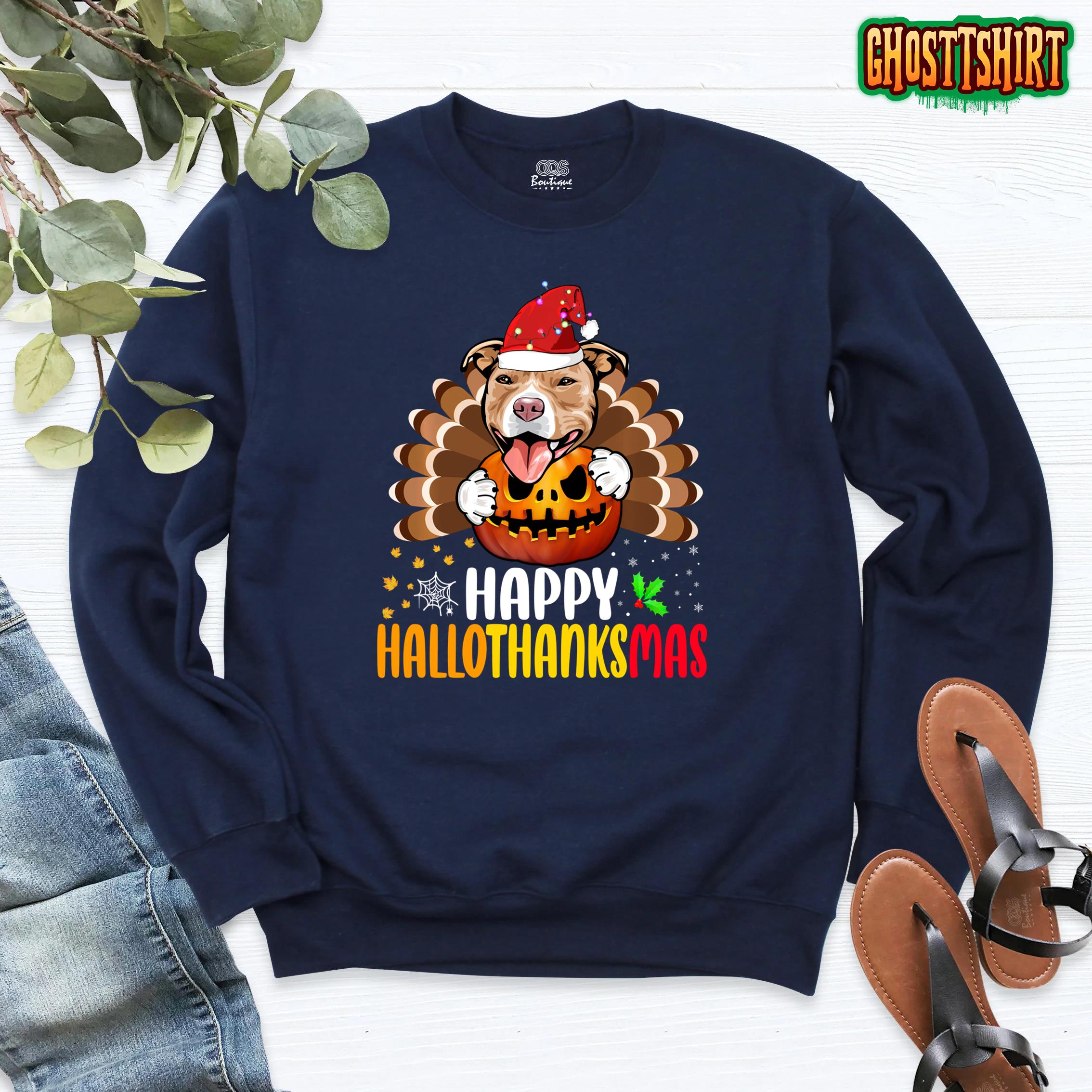 Happy Hallothanksmas Pitbull Dog Halloween Thanksgiving Sweatshirt