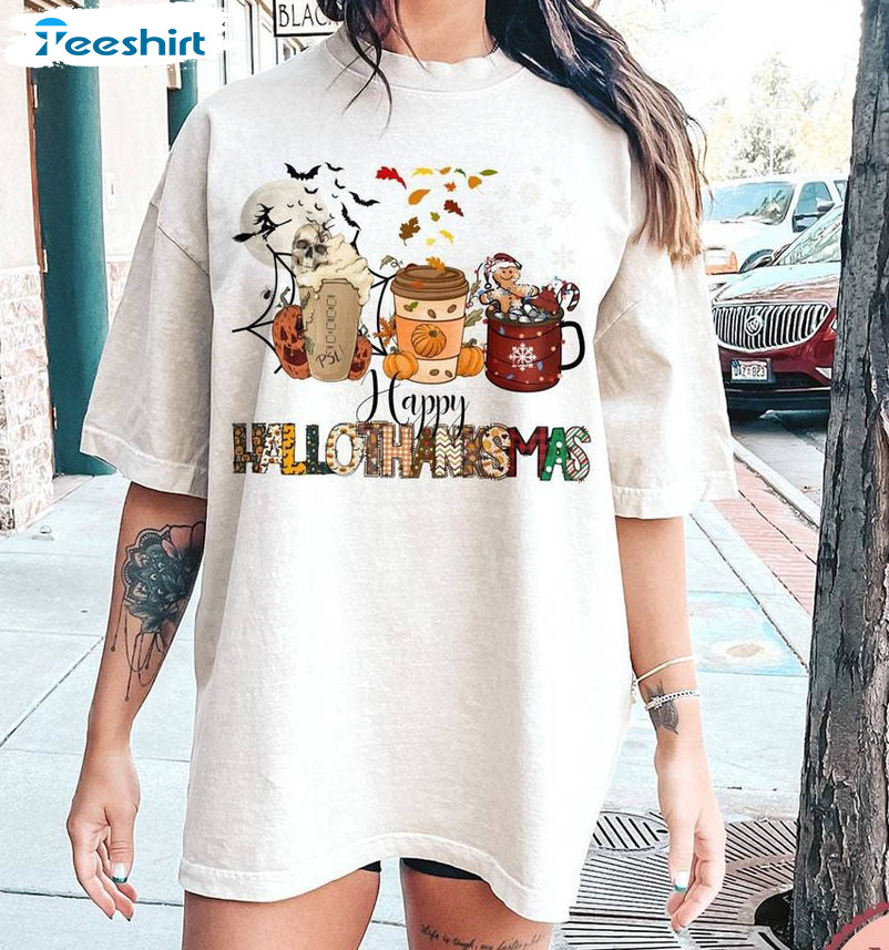 Happy Hallothanksmas Shirt, Funny Coffee Lover Halloween Short Sleeve Crewneck