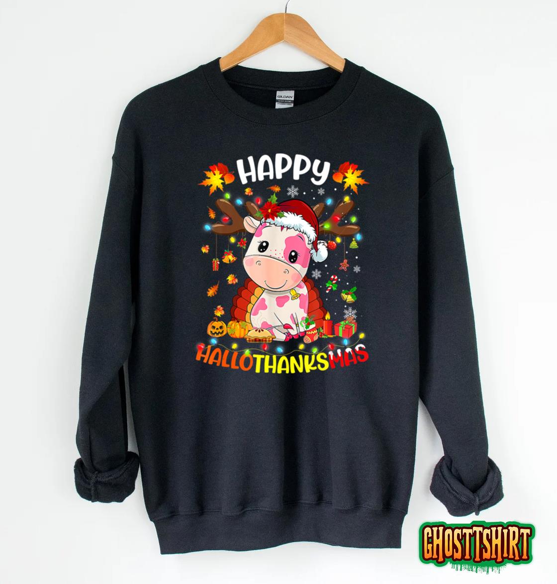 Happy Hallothanksmas Strawberry Cow Thanksgiving Christmas Hoodie