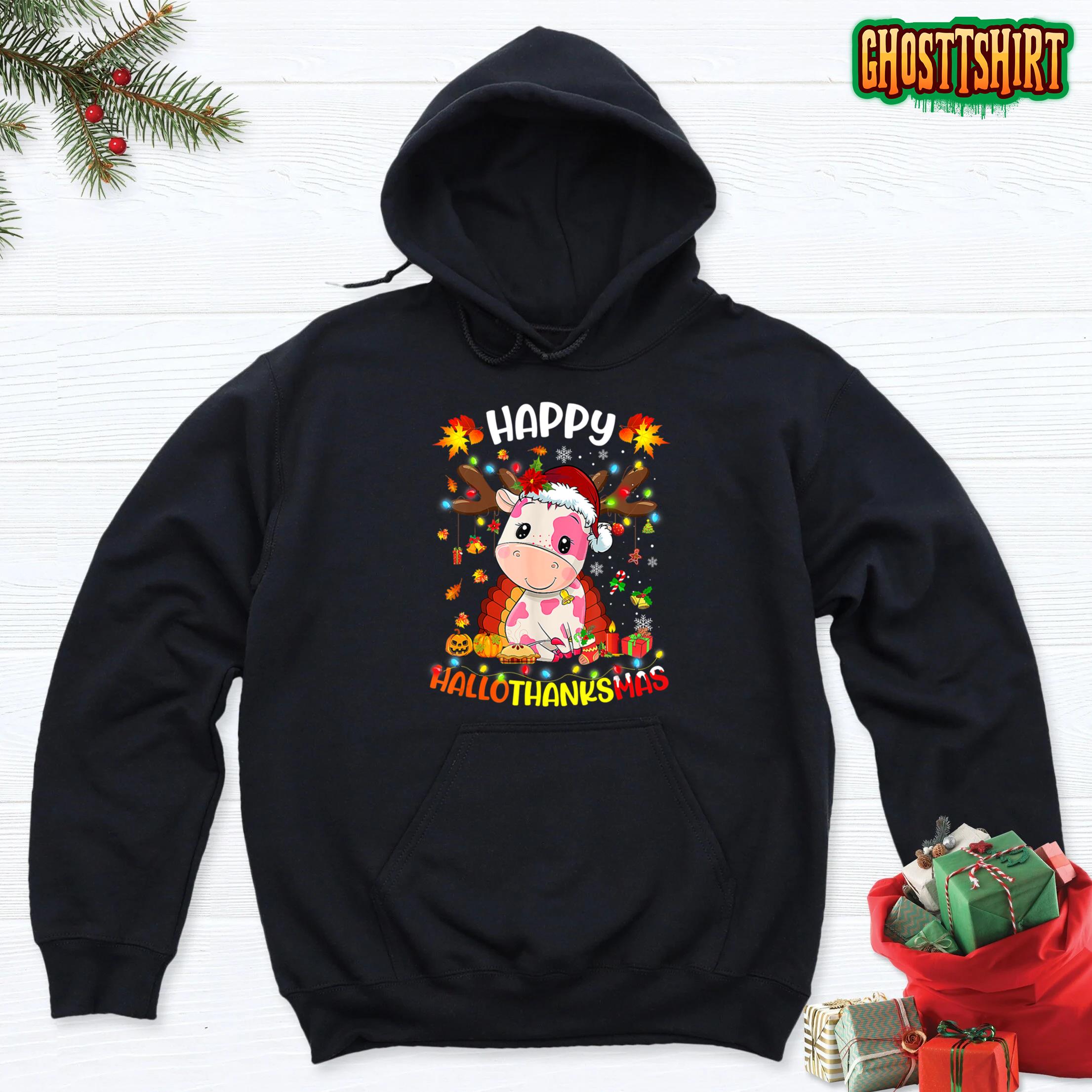 Happy Hallothanksmas Strawberry Cow Thanksgiving Christmas Hoodie