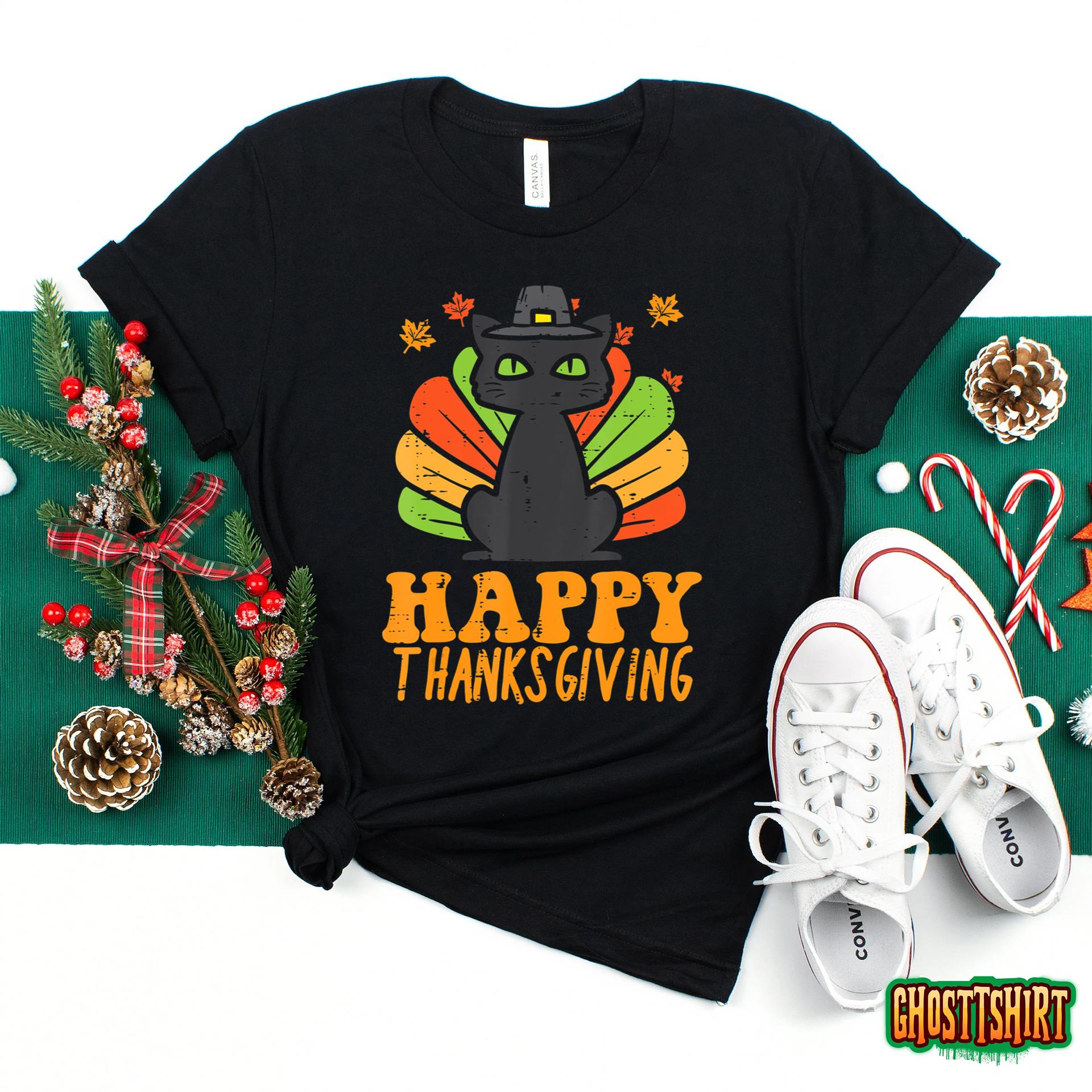 Happy Thanksgiving Black Cat Turkey Funny Thanksgiving T-Shirt