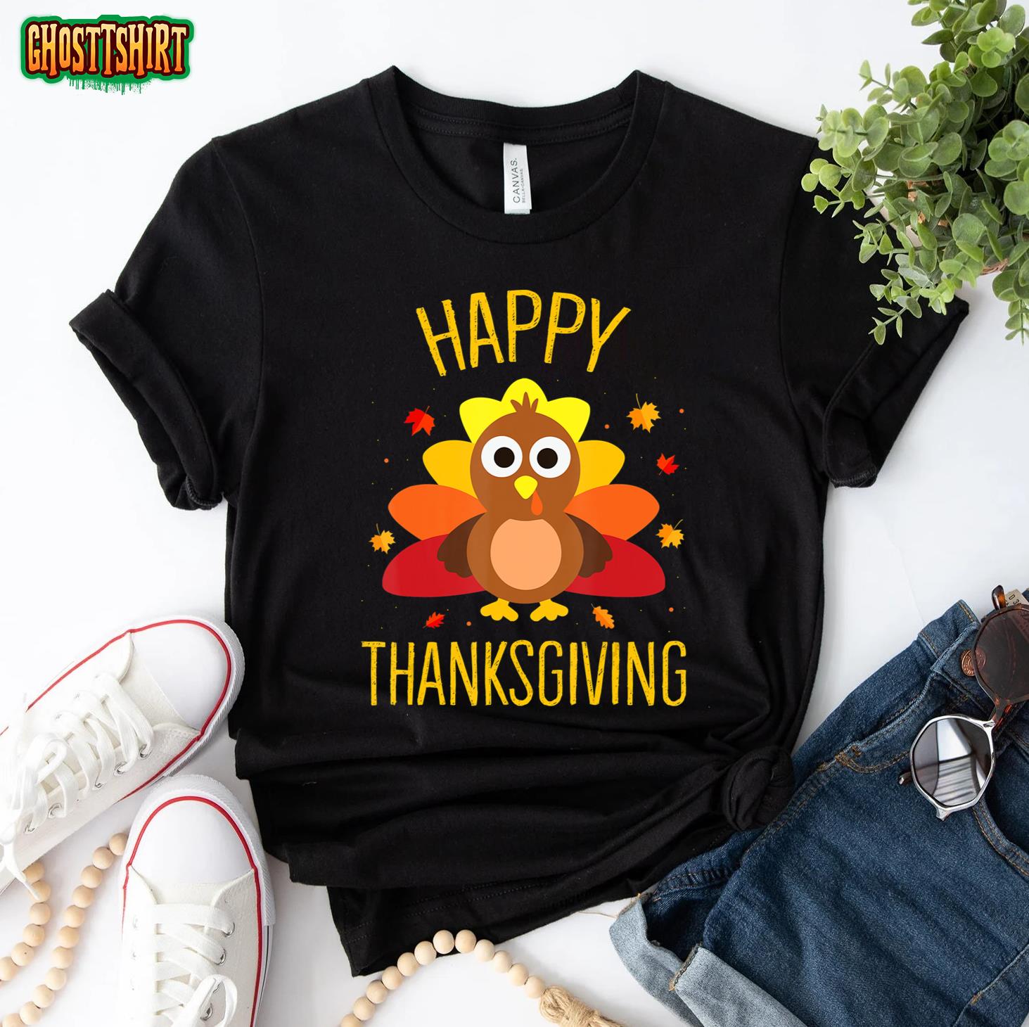 Happy Thanksgiving Day Family Dinner Cute Turkey Pilgrim T-Shirt