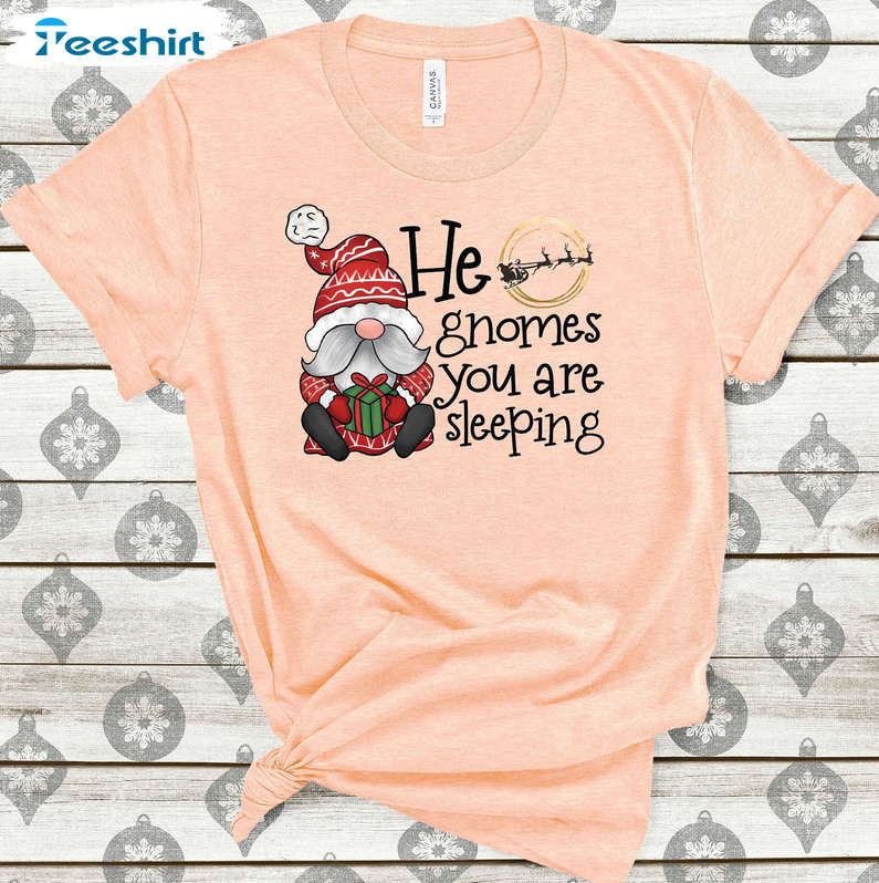 He Gnomes You Are Sleeping Shirt, Christmas Gnomes Short Sleeve Sweater