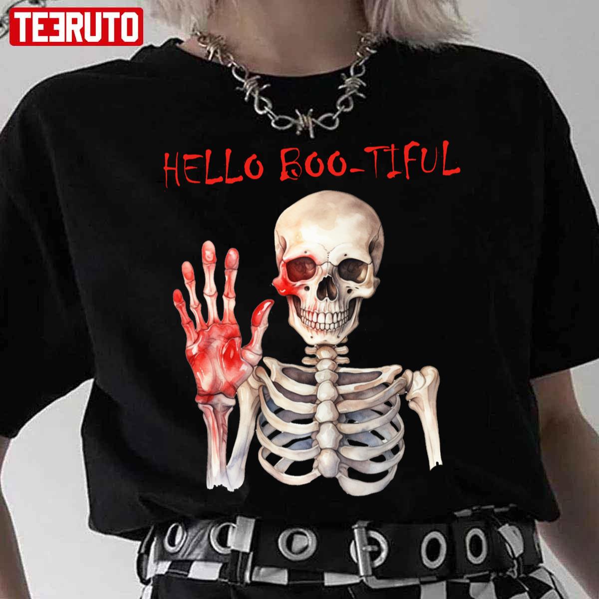 Hello Boo Tiful Spooky Skeleton Waving Hand Halloween Unisex T-Shirt