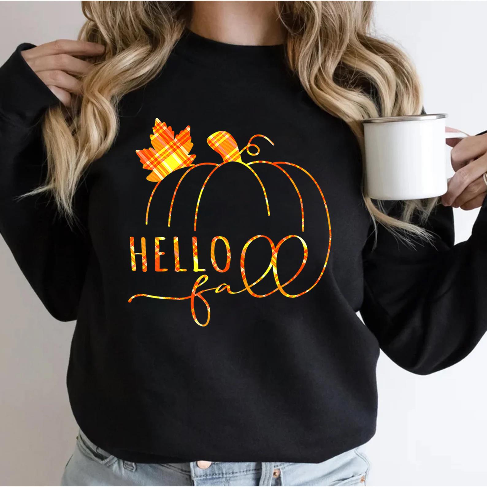 Hello Fall Buffalo Plaid Welcome Fall Thanksgiving Pumpkin T-Shirt