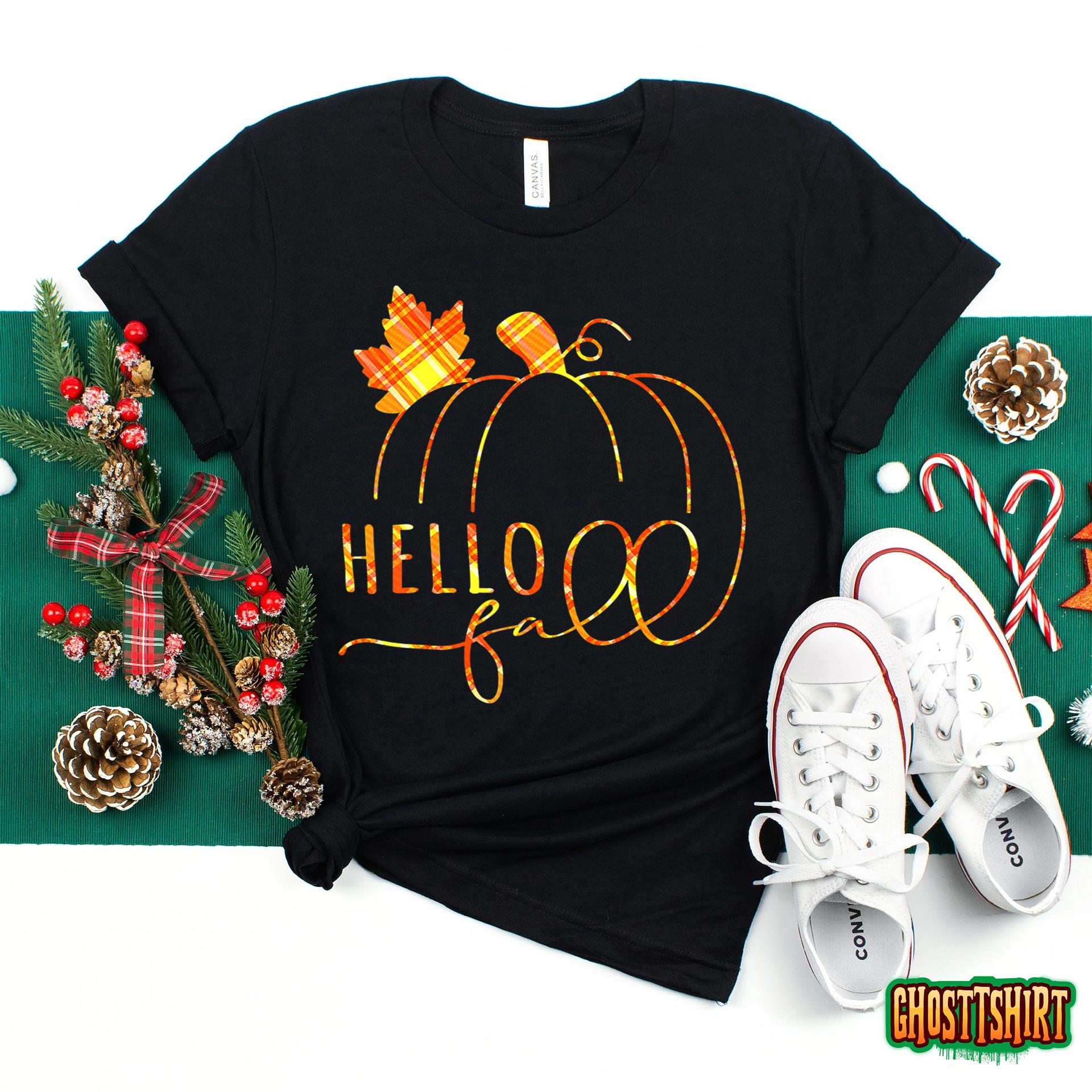 Hello Fall Buffalo Plaid Welcome Fall Thanksgiving Pumpkin T-Shirt