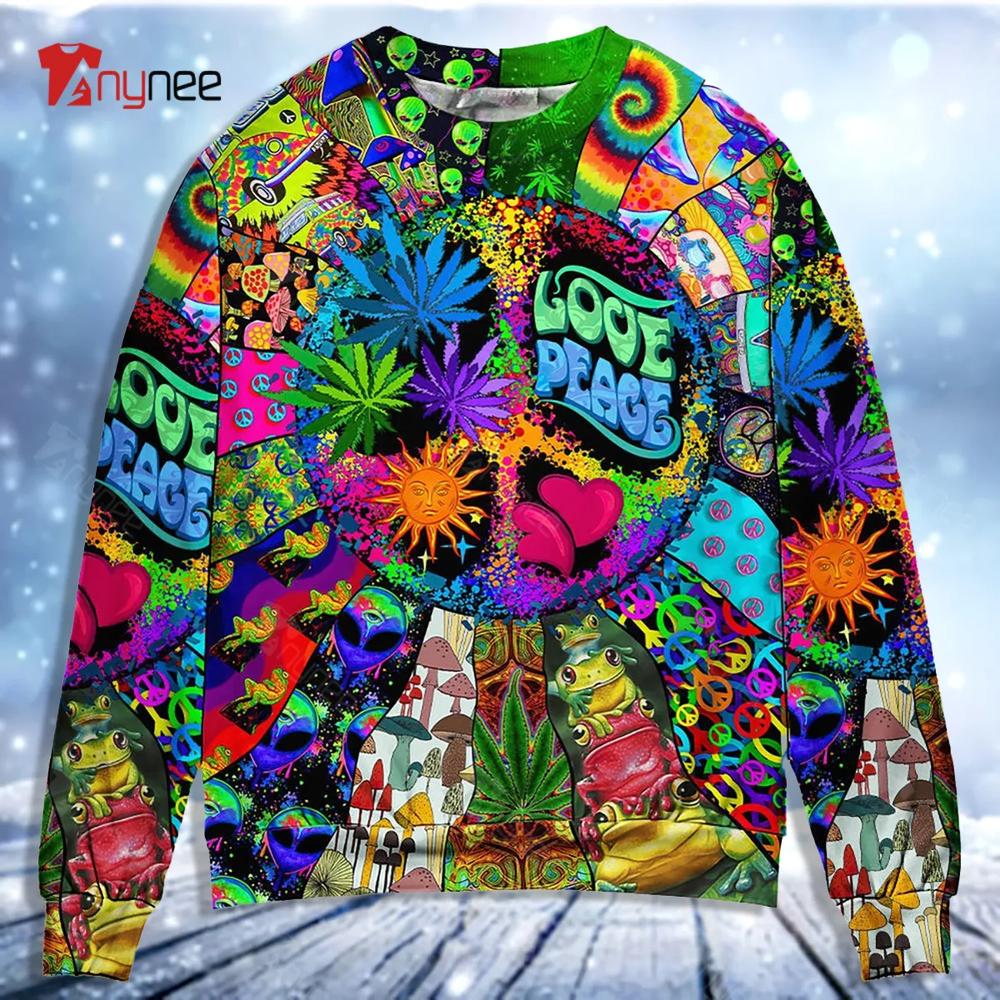 Hippie Alien Frogs Love Peace Ugly Christmas Sweater- Best Christmas Gifts 2023