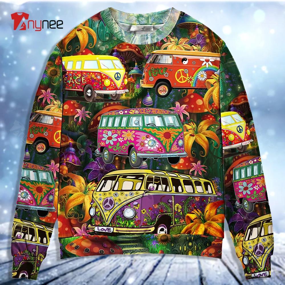 Hippie Bus Peace Life Colorful Style Ugly Christmas Sweater- Best Christmas Gifts 2023