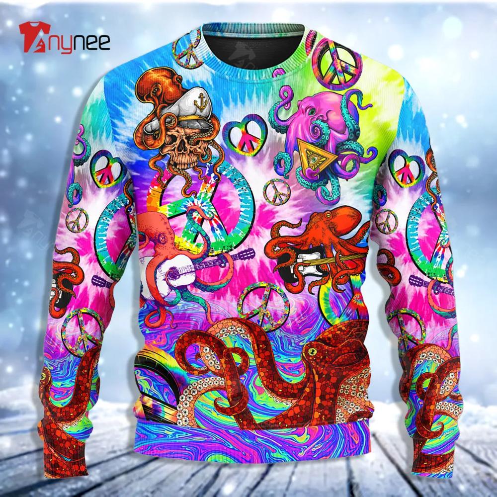 Hippie Funny Octopus Colorful Happy Tie Dye Art Style Ugly Christmas Sweater- Best Christmas Gifts 2023