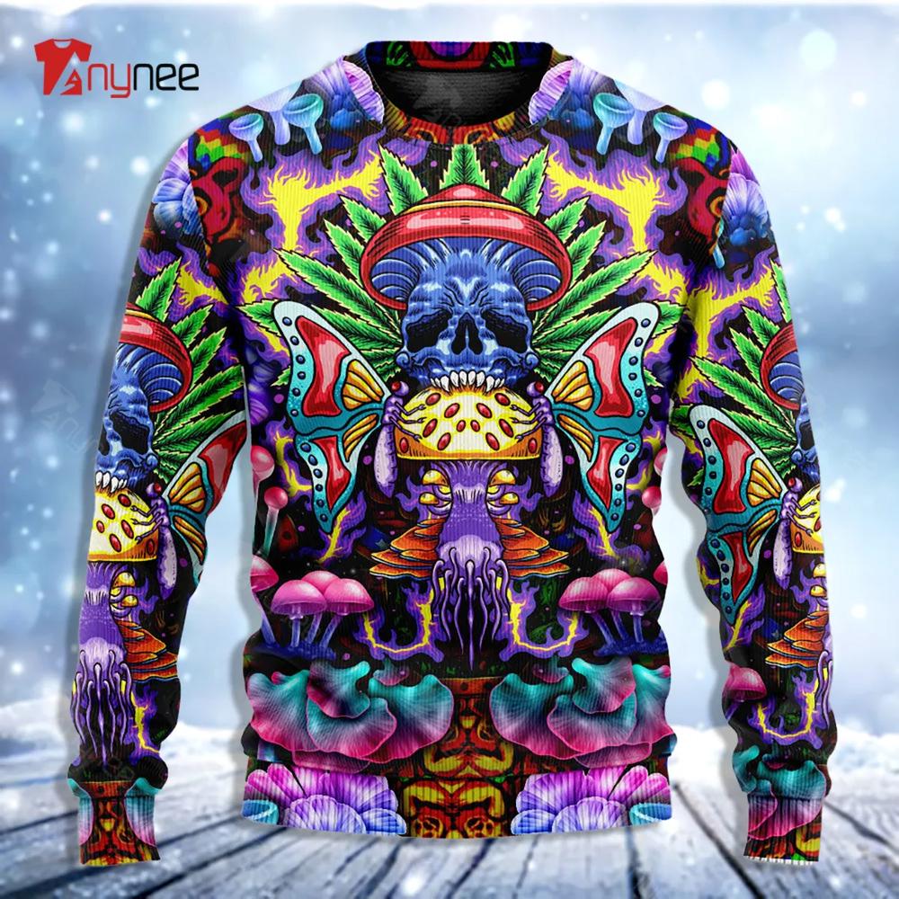 Hippie Mushroom And Skull Art Ugly Christmas Sweater- Best Christmas Gifts 2023