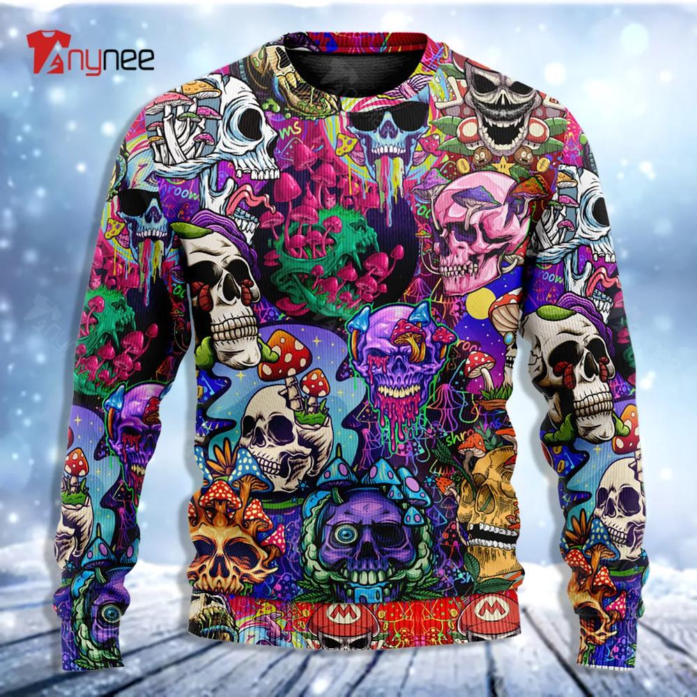 Hippie Mushroom And Skull Colorful Art Ugly Christmas Sweater- Best Christmas Gifts 2023