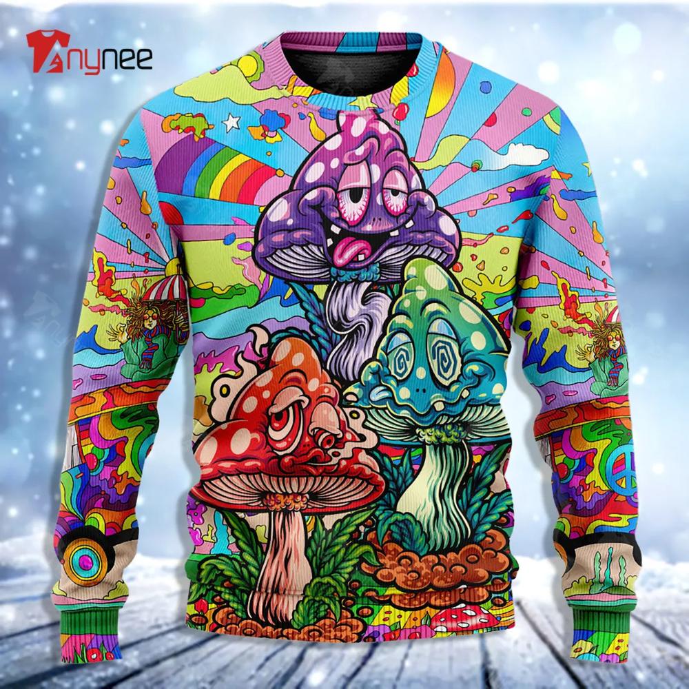 Hippie Mushroom Colorful Hippie Happy Life Ugly Christmas Sweater- Best Christmas Gifts 2023