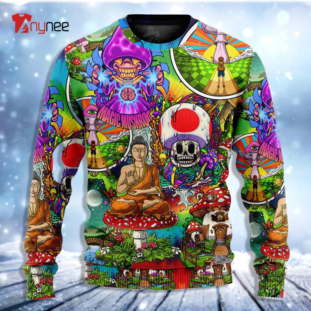 Hippie Mushroom Peace Colorful Let It Be Ugly Christmas Sweater- Best Christmas Gifts 2023