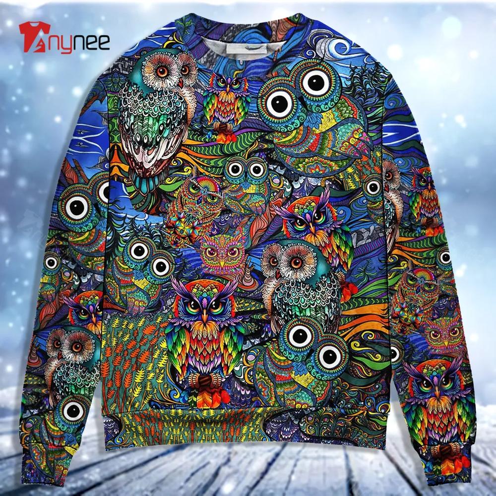 Hippie Owls Peace Life Mix Color Ugly Christmas Sweater- Best Christmas Gifts 2023