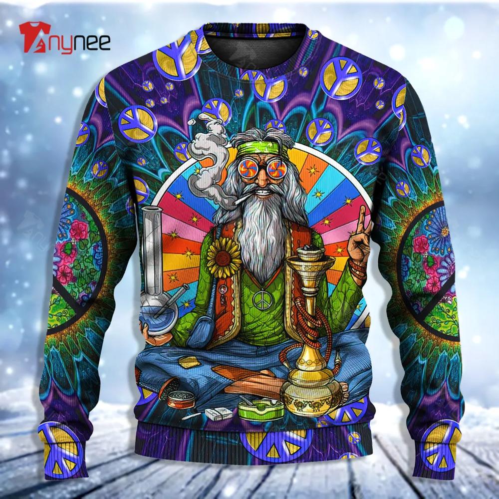 Hippie Peace Sign Old Man Smoking Weed Ugly Christmas Sweater- Best Christmas Gifts 2023