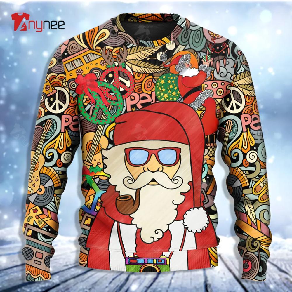 Hippie Santa Claus Love & Peace Cartoon Style Ugly Christmas Sweater- Best Christmas Gifts 2023