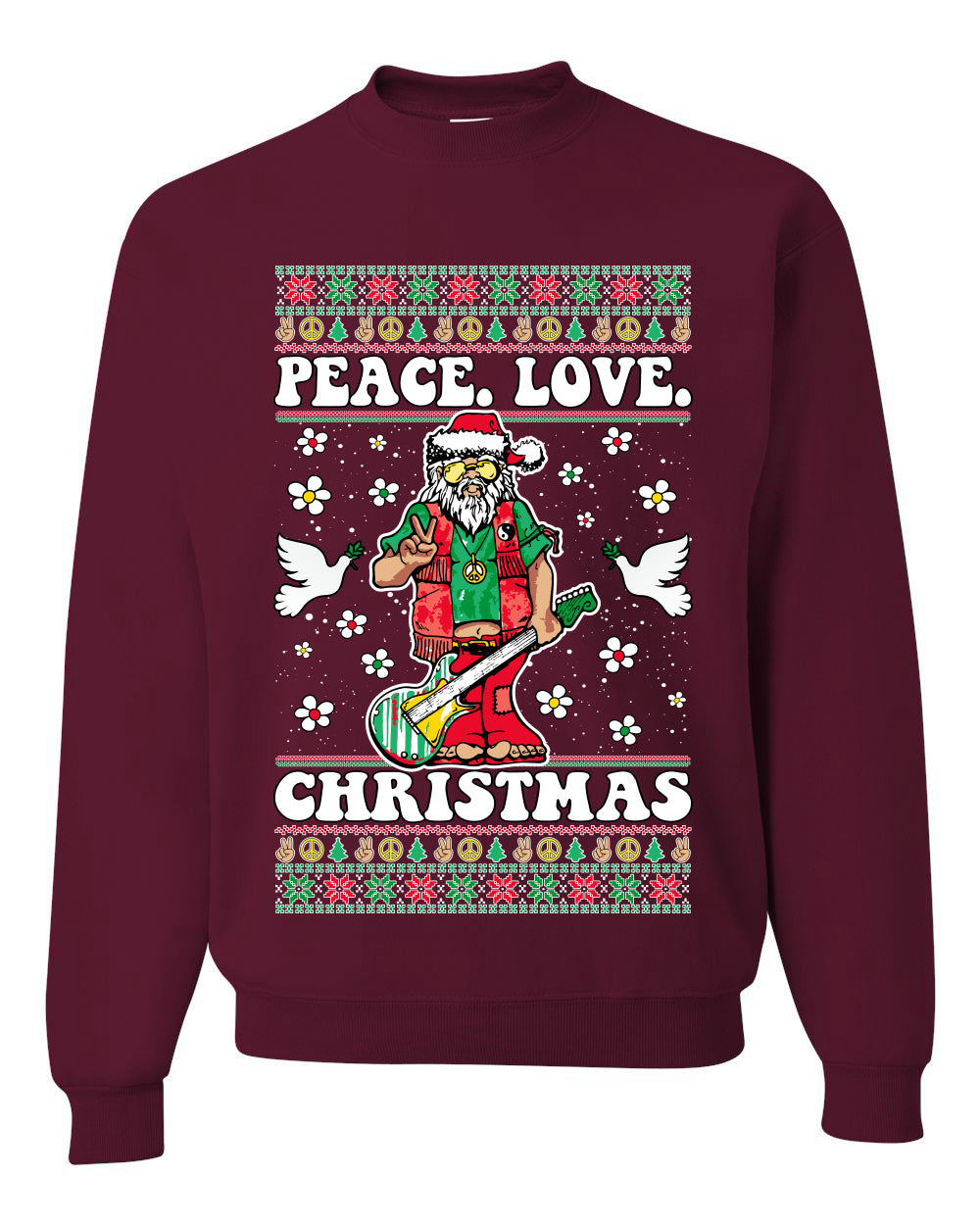 Hippie Santa Playing Guitar Peace Love Ugly Christmas Sweater Unisex Crewneck Graphic Sweatshirt- Best Christmas Gifts 2023