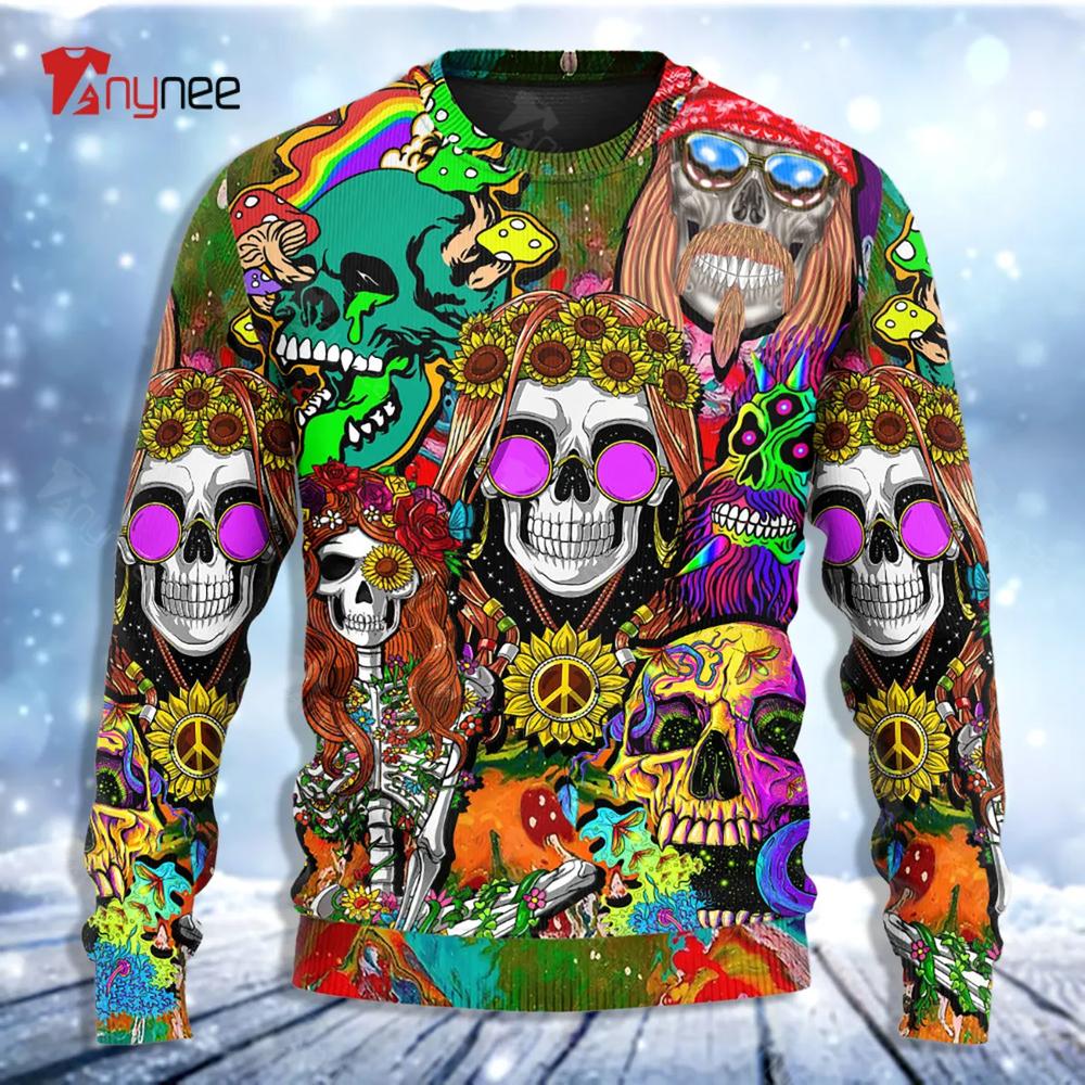 Hippie Skull Colorful Cool Style Ugly Christmas Sweater- Best Christmas Gifts 2023