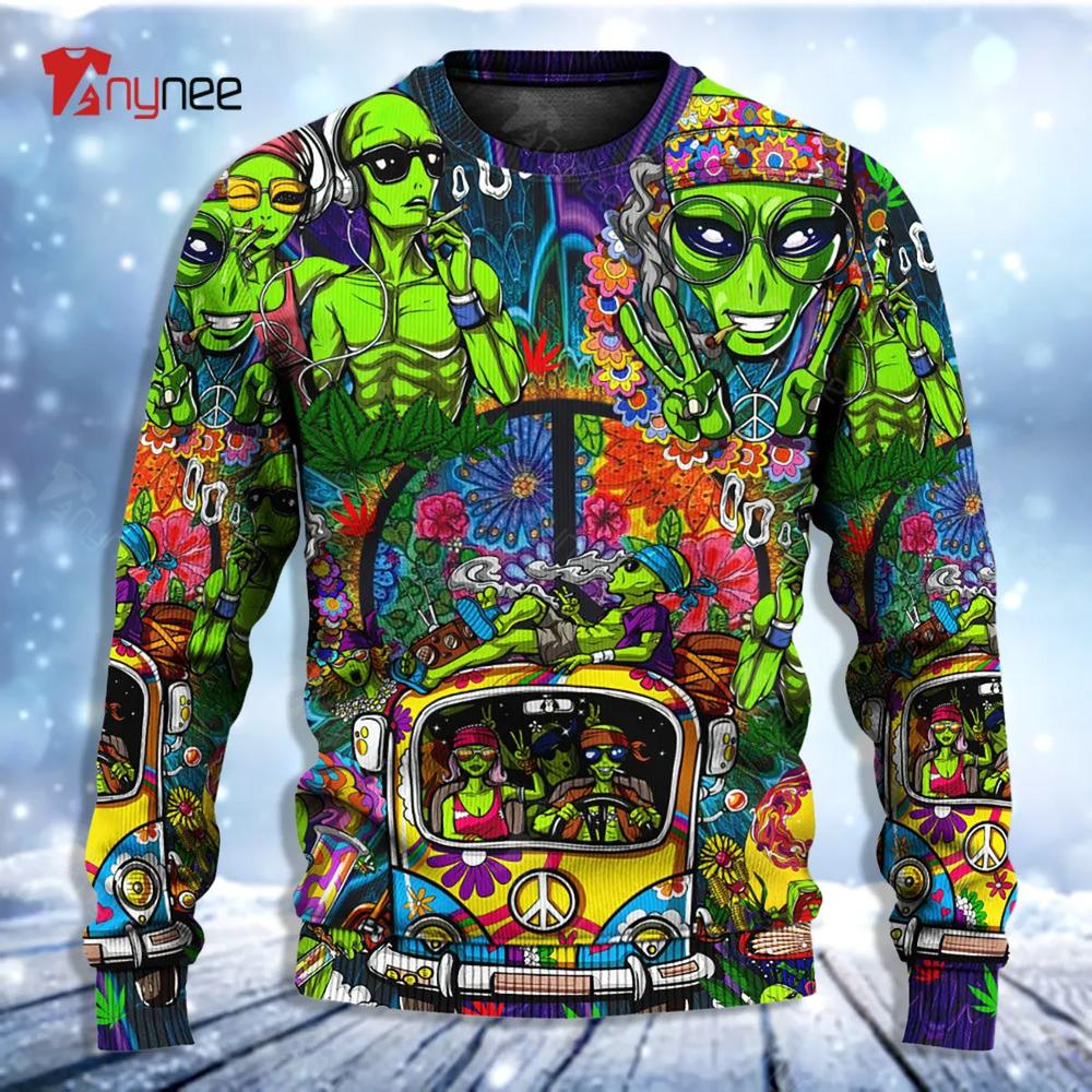 Hippie Space Alien Smoking Weed Ugly Christmas Sweater- Best Christmas Gifts 2023