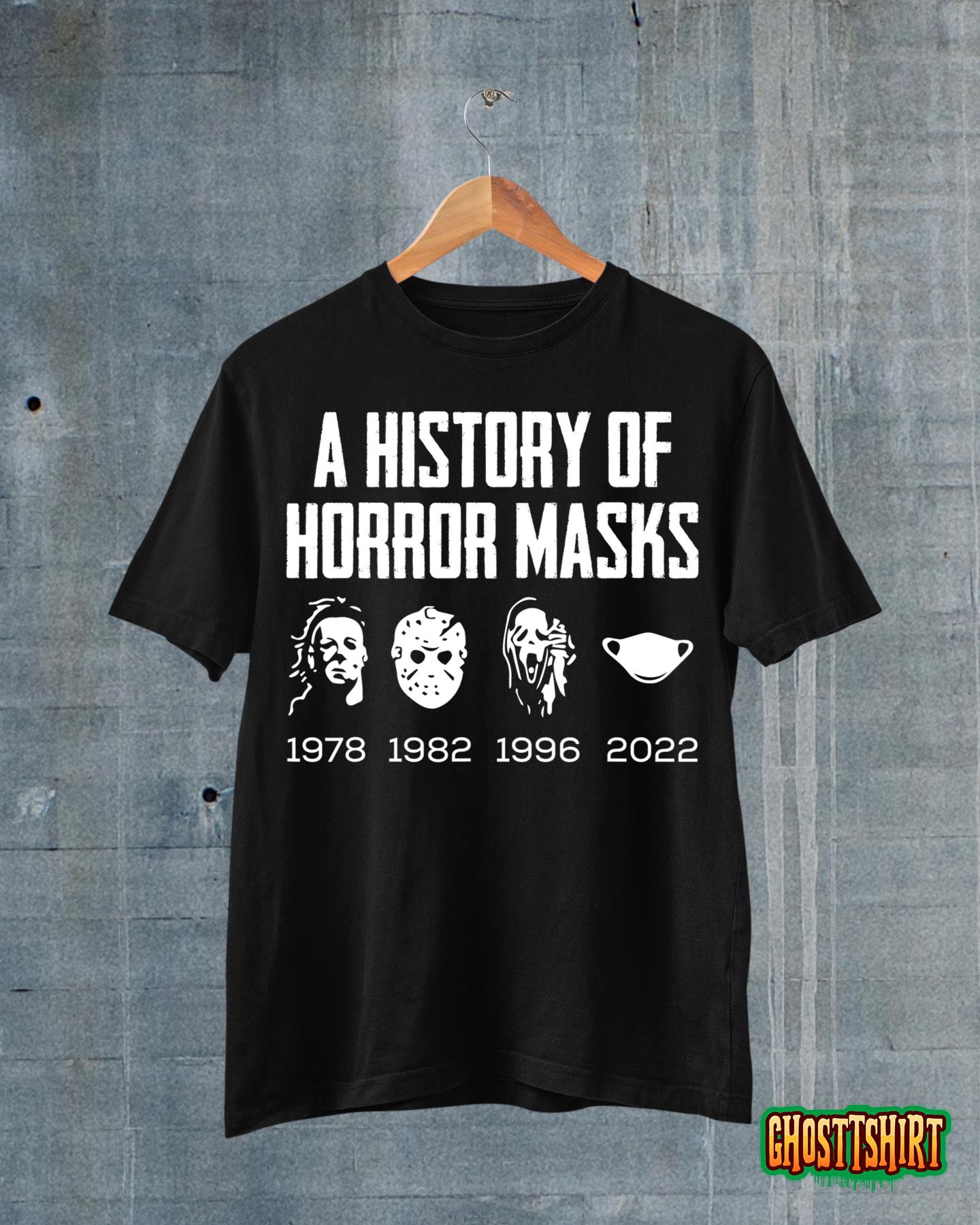 History Of Horror Masks Lazy Halloween Costume Face Mask T-Shirt