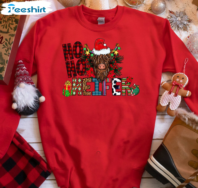 Ho Ho Heifer Christmas Shirt, Western Mooey Christmas Short Sleeve Sweater