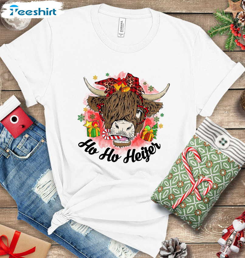 Ho Ho Heifer Shirt – Christmas Highland Cow Short Sleeve Hoodie