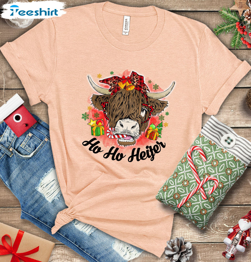 Ho Ho Heifer Shirt – Christmas Highland Cow Short Sleeve Hoodie