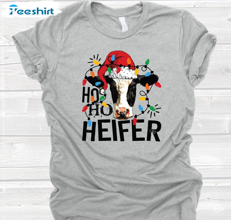 Ho Ho Heifer Shirt Christmas Shirt, Cow Farm Christmas Lights Crewneck Short Sleeve