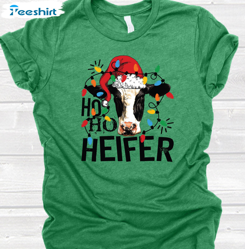 Ho Ho Heifer Shirt Christmas Shirt, Cow Farm Christmas Lights Crewneck Short Sleeve