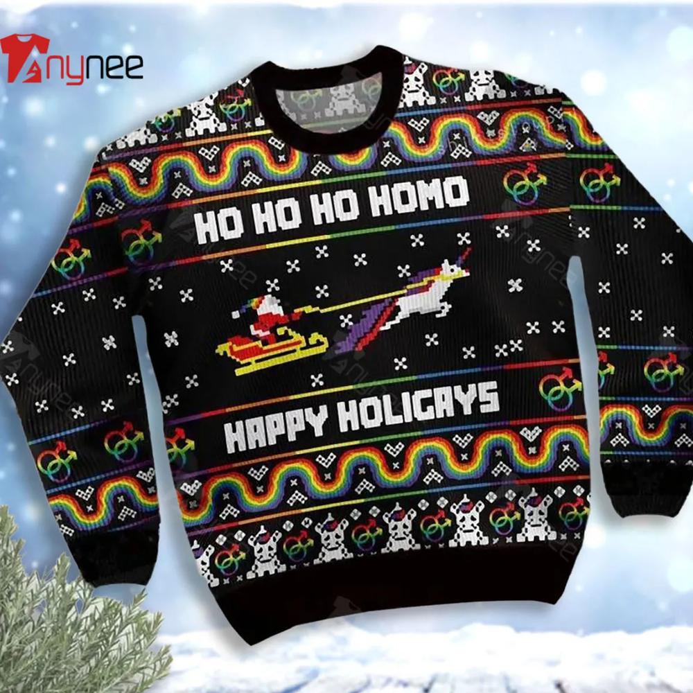 Ho Ho Ho Homo Happy Holigays With Santa And Unicorn Ugly Christmas Sweater- Best Christmas Gifts 2023