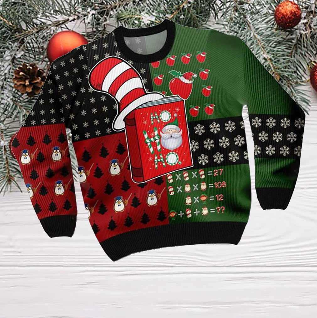 Ho Ho Ho Teacher Ugly Sweater With A Book Wearing Dr. Seuss Hat And Christmas Pattern For Teachers On National Ugly Sweater Day And Christmas Season- Best Christmas Gifts 2023