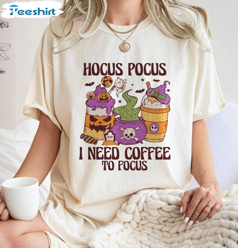 Hocus Pocus I Need Coffee Shirt, Retro Halloween Spooky Season Sweater Hoodie