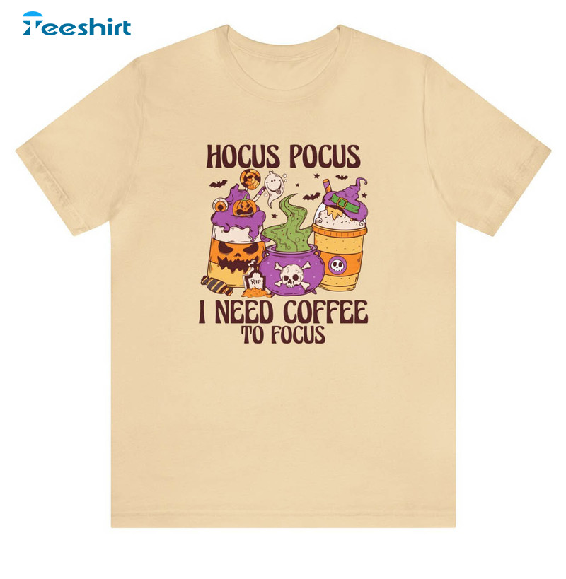 Hocus Pocus I Need Coffee To Focus Shirt, Cute Retro Halloween Long Sleeve Tee Tops