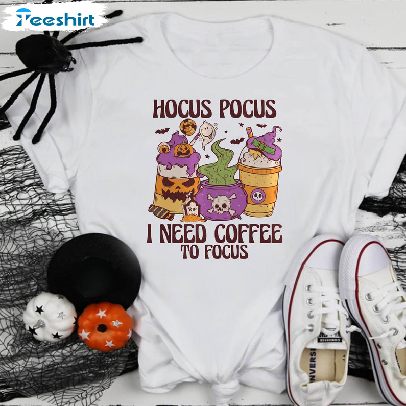 Hocus Pocus I Need Coffee To Focus Shirt, Cute Retro Halloween Long Sleeve Tee Tops