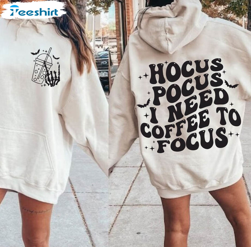 Hocus Pocus I Need Coffee To Focus Shirt, Retro Halloween Unisex Hoodie Short Sleeve