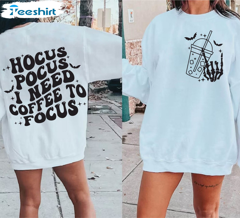 Hocus Pocus I Need Coffee To Focus Shirt, Retro Halloween Unisex Hoodie Short Sleeve