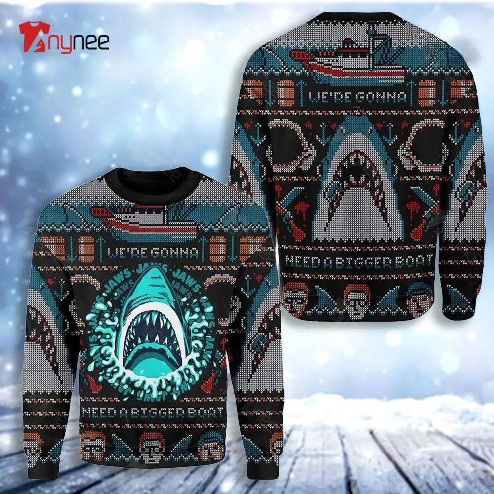 Horror Jaws Shark We Need A Bigger Boat Ugly Christmas Sweater- Best Christmas Gifts 2023