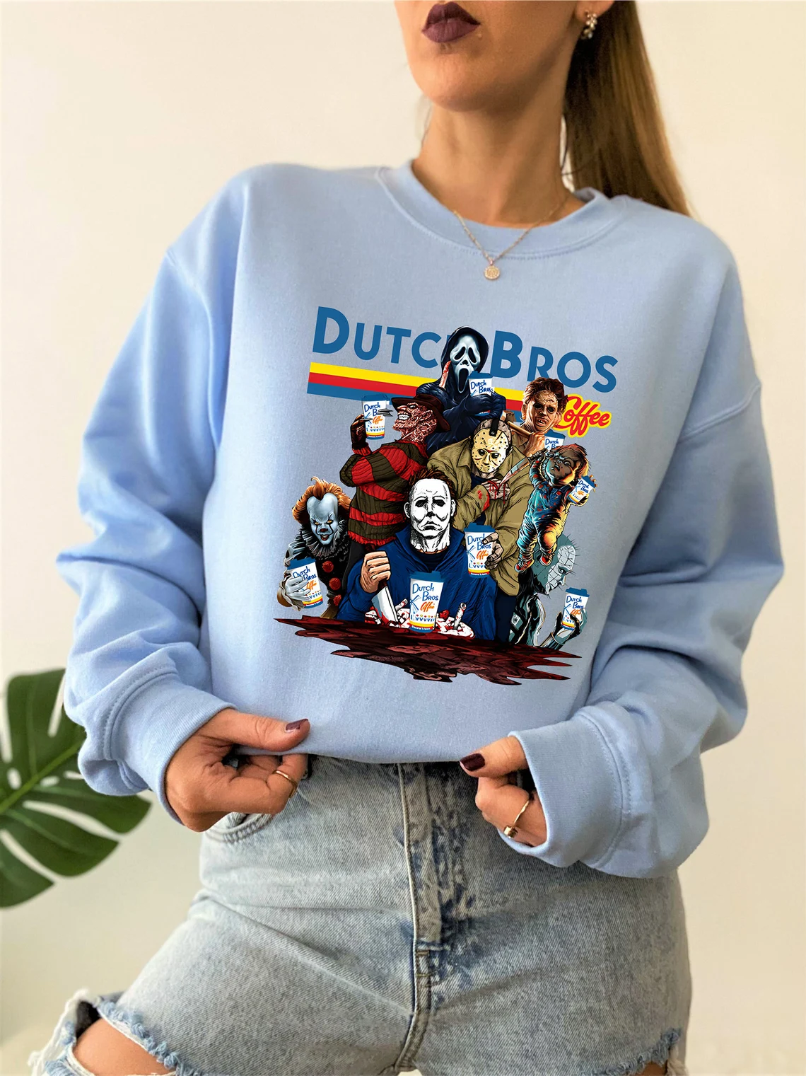 Horror Movies Characters at Dutch Bros Coffee Halloween Sweatshirt