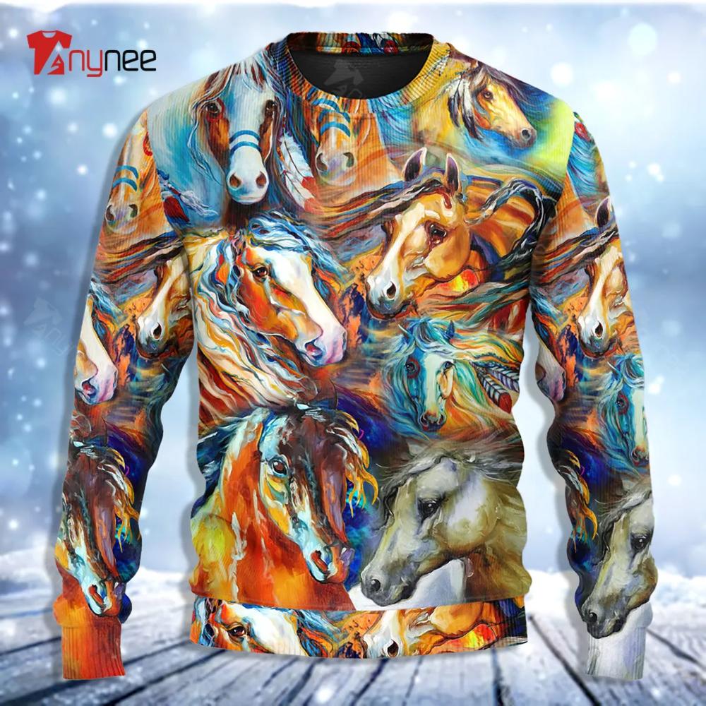 Horse Face Colorful Cool Art Style Ugly Christmas Sweater- Best Christmas Gifts 2023