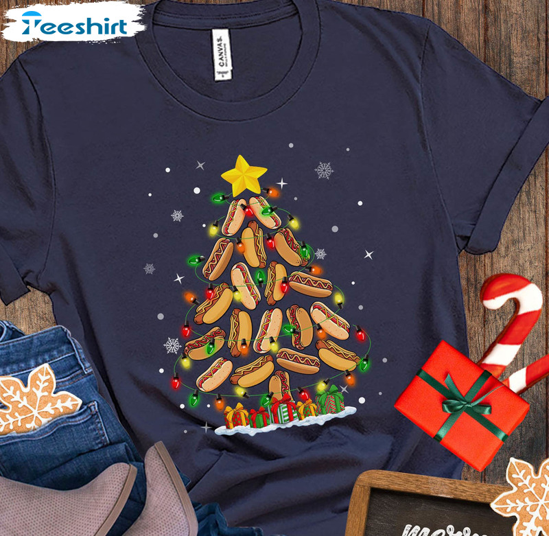 Hot Dog Christmas Tree Shirt, Fast Food Lover Unisex T-shirt Long Sleeve