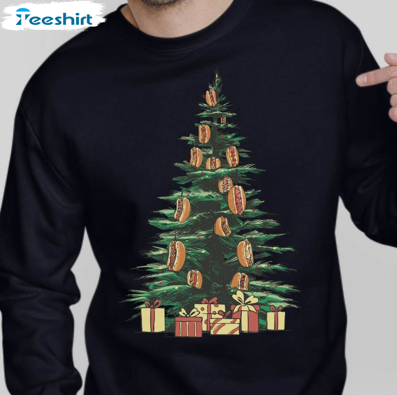 Hot Dog Christmas Tree Sweatshirt, Funny Fast Food Lover Long Sleeve Crewneck