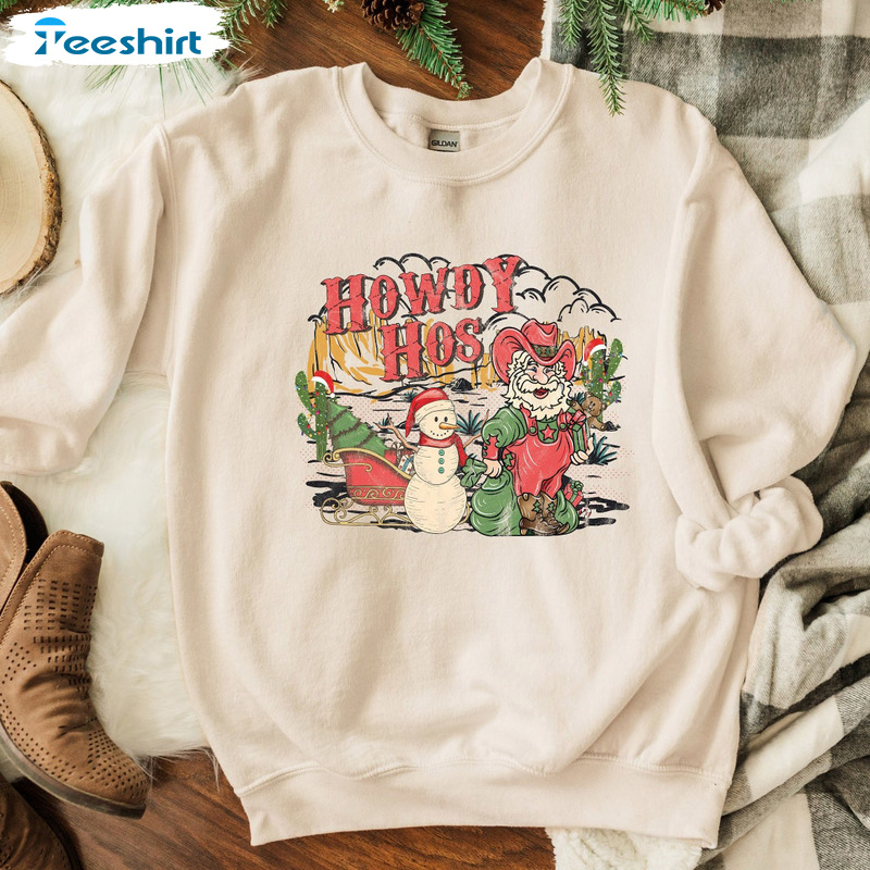 Howdy Hos Christmas Sweatshirt – Santa Cowboy Short Sleeve Sweater