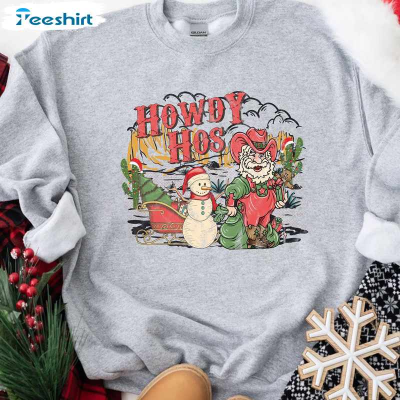 Howdy Hos Christmas Sweatshirt – Santa Cowboy Short Sleeve Sweater